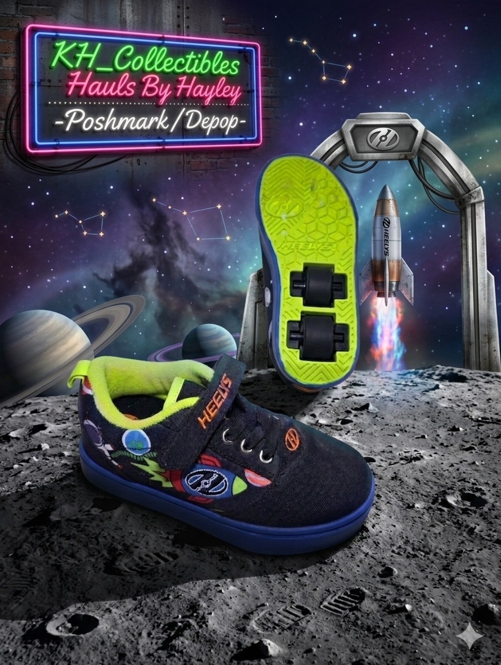 Heelys X2 Space Rocket Roller Skate Shoes Dual Wheel Youth 12C Black Blue Neon